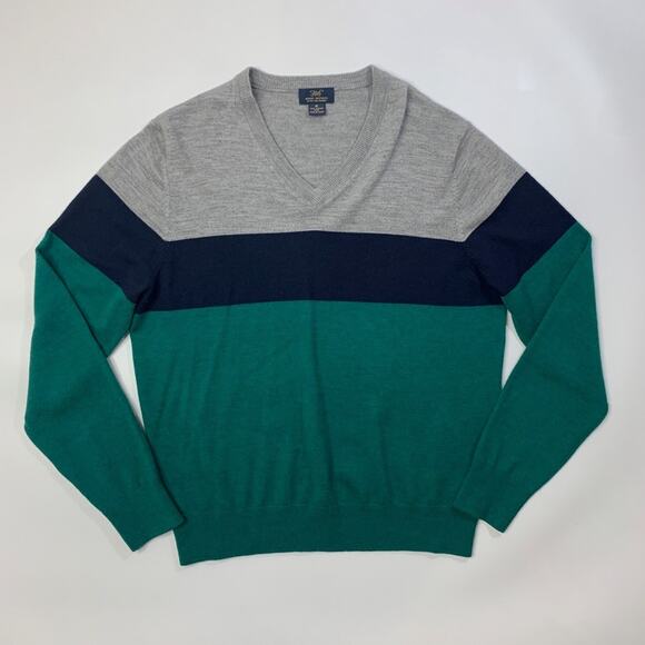 Brooks Brothers Sweater Mens M Navy Green Merino Wool V Neck Striped Pullover - Picture 2 of 12